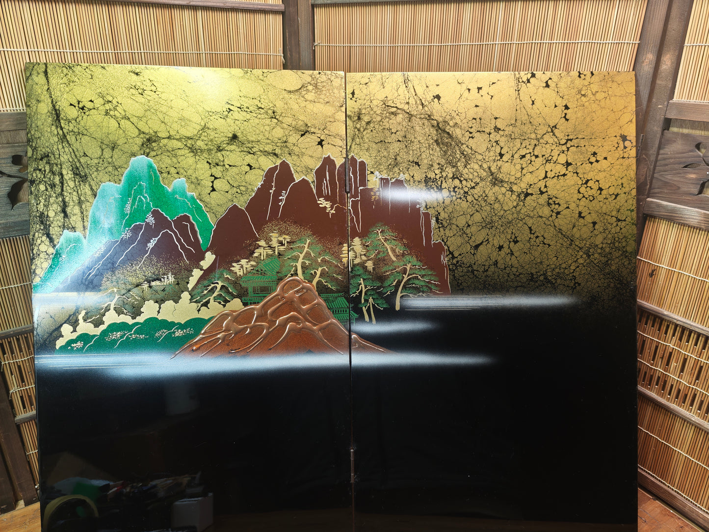 Vintage Japanese 1980s Black Lacquer Byobu Screen Marble Sansui 20S