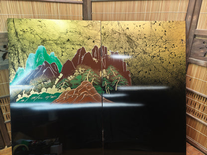 Vintage Japanese 1980s Black Lacquer Byobu Screen Marble Sansui 20S