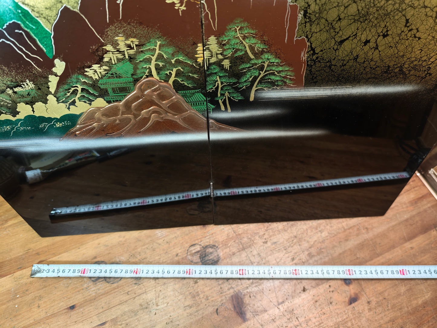 Vintage Japanese 1980s Black Lacquer Byobu Screen Marble Sansui 20S