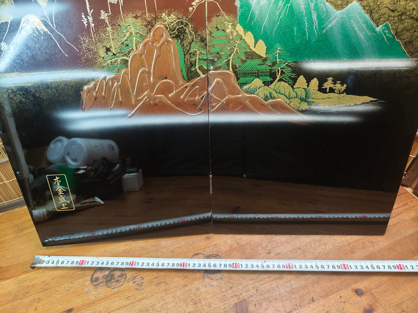 Vintage Japanese Black Lacquer Byobu Screen Marble Sansui 20S