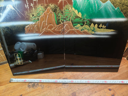 Vintage Japanese Black Lacquer Byobu Screen Marble Sansui 20S