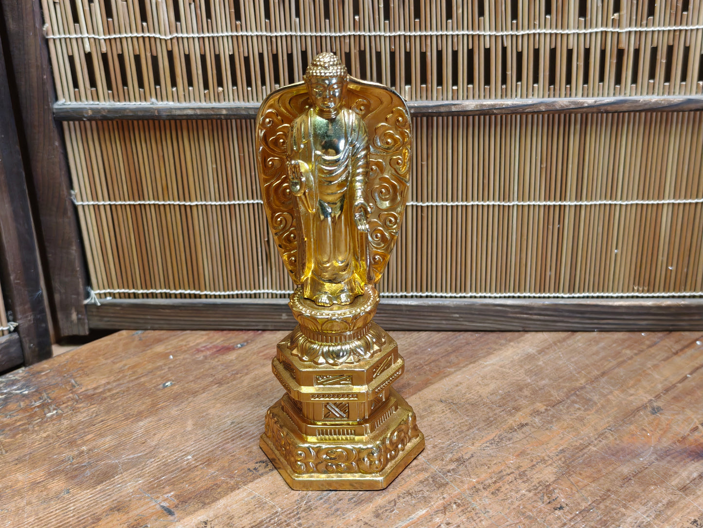 Vintage Japanese Brass Buddha Statue Gold Finish Lotus Base Figure Art
