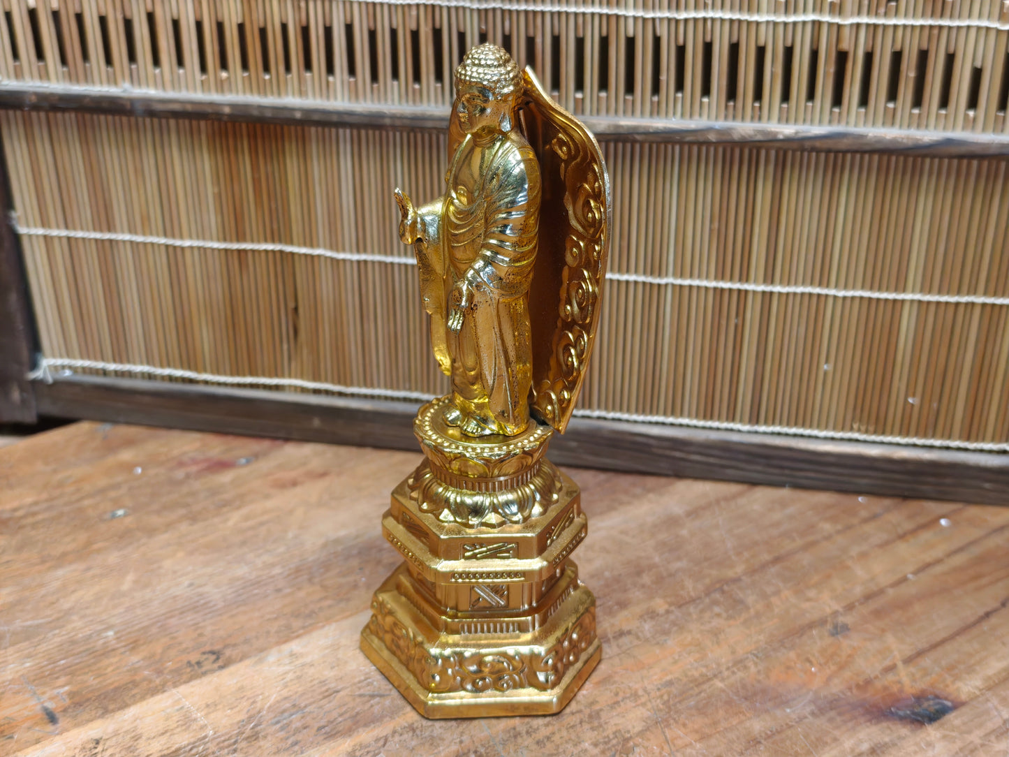 Vintage Japanese Brass Buddha Statue Gold Finish Lotus Base Figure Art