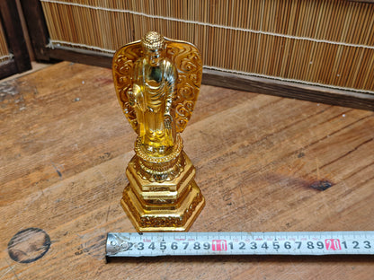 Vintage Japanese Brass Buddha Statue Gold Finish Lotus Base Figure Art