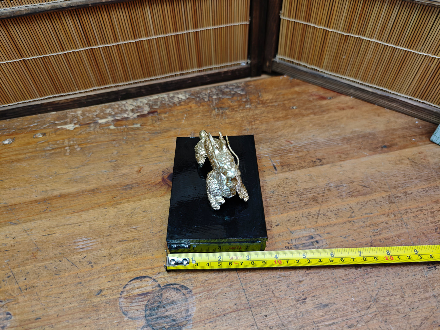 Vintage Japanese Brass Dragon Sculpture on Wooden Stand Antique Japan