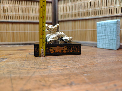 Vintage Japanese Brass Dragon Sculpture on Wooden Stand Antique Japan