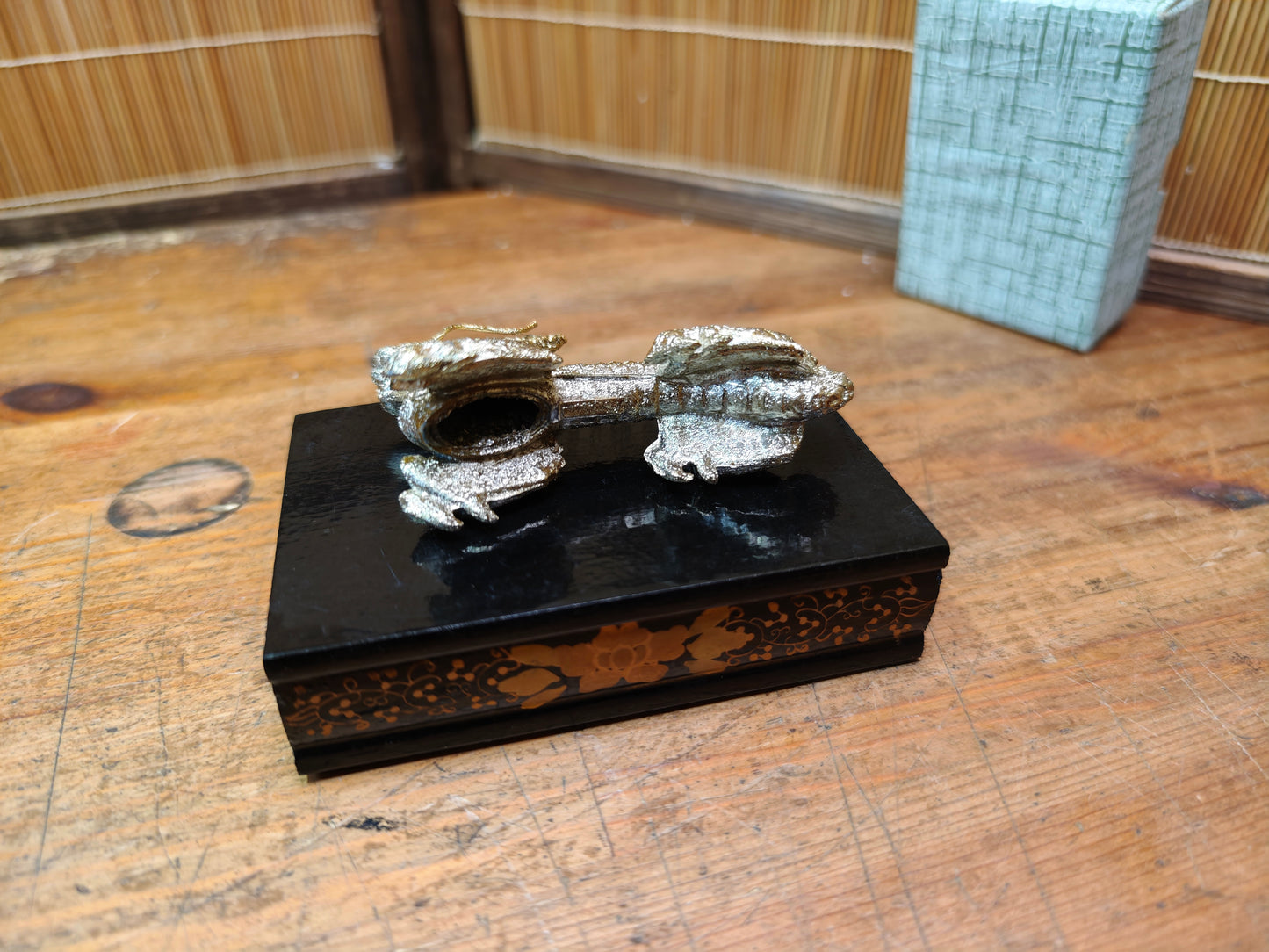 Vintage Japanese Brass Dragon Sculpture on Wooden Stand Antique Japan