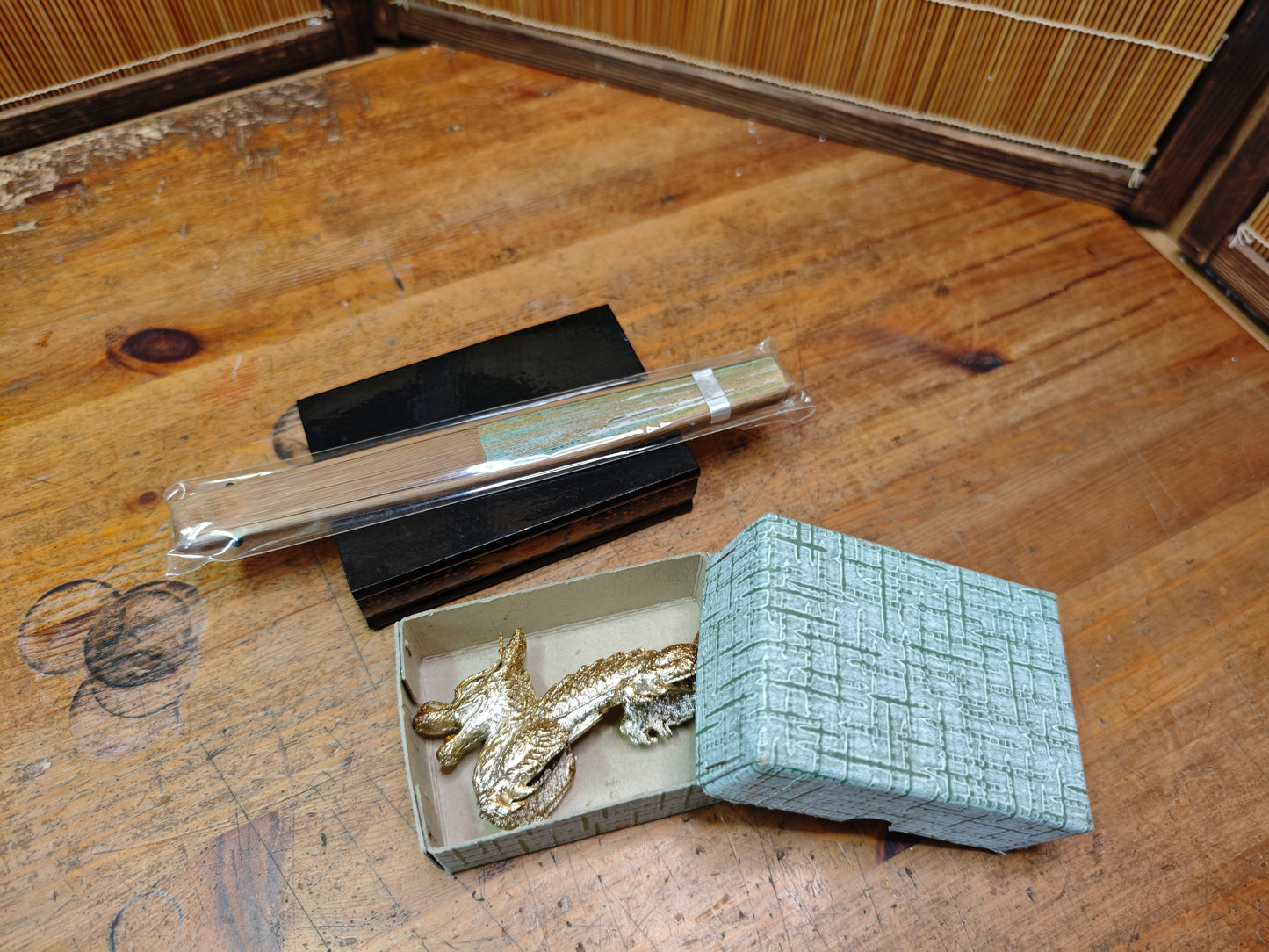Vintage Japanese Brass Dragon Sculpture on Wooden Stand Antique Japan