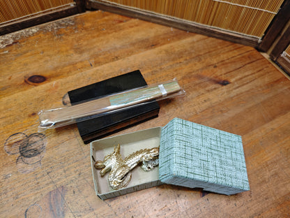 Vintage Japanese Brass Dragon Sculpture on Wooden Stand Antique Japan