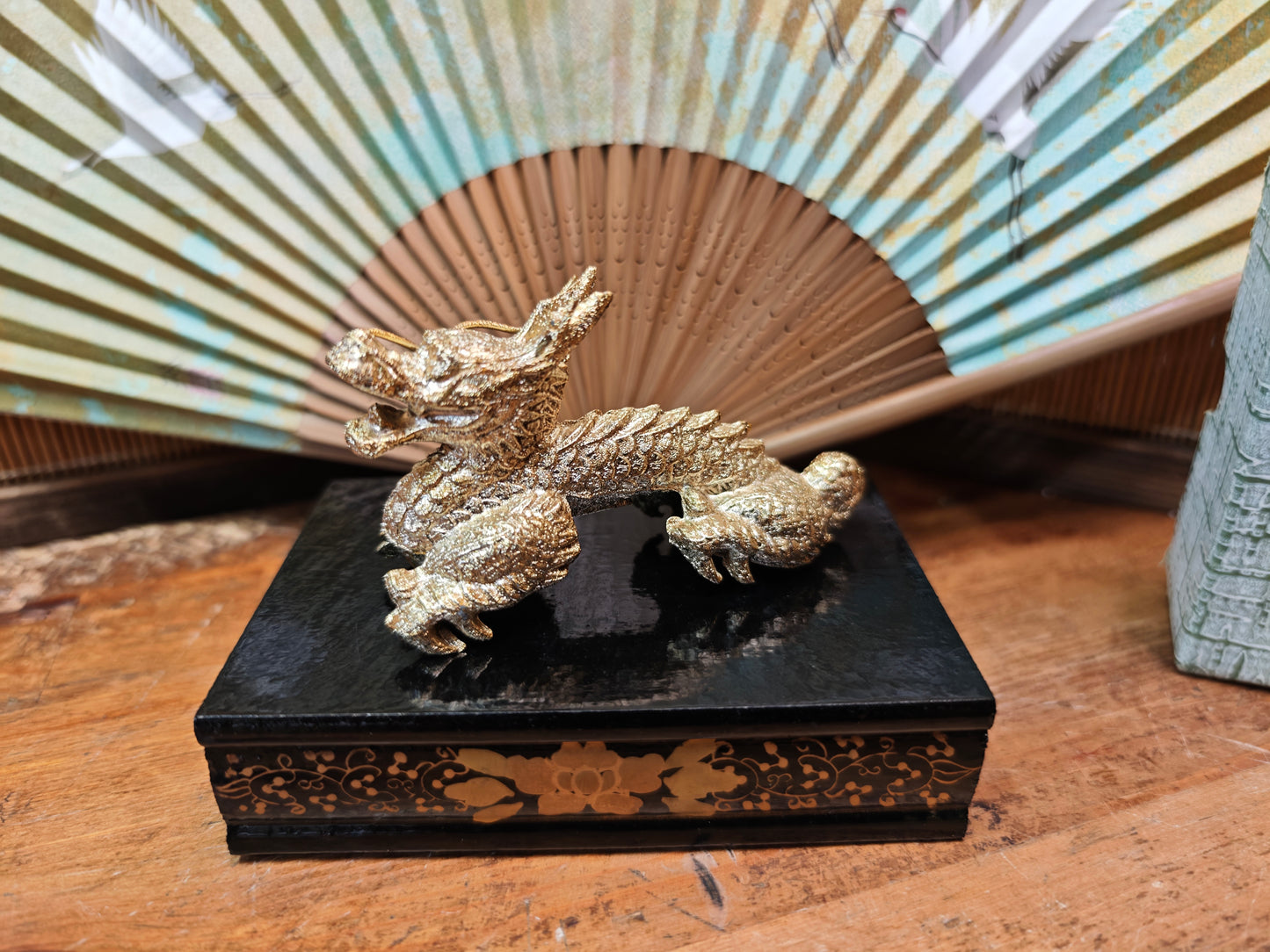 Vintage Japanese Brass Dragon Sculpture on Wooden Stand Antique Japan