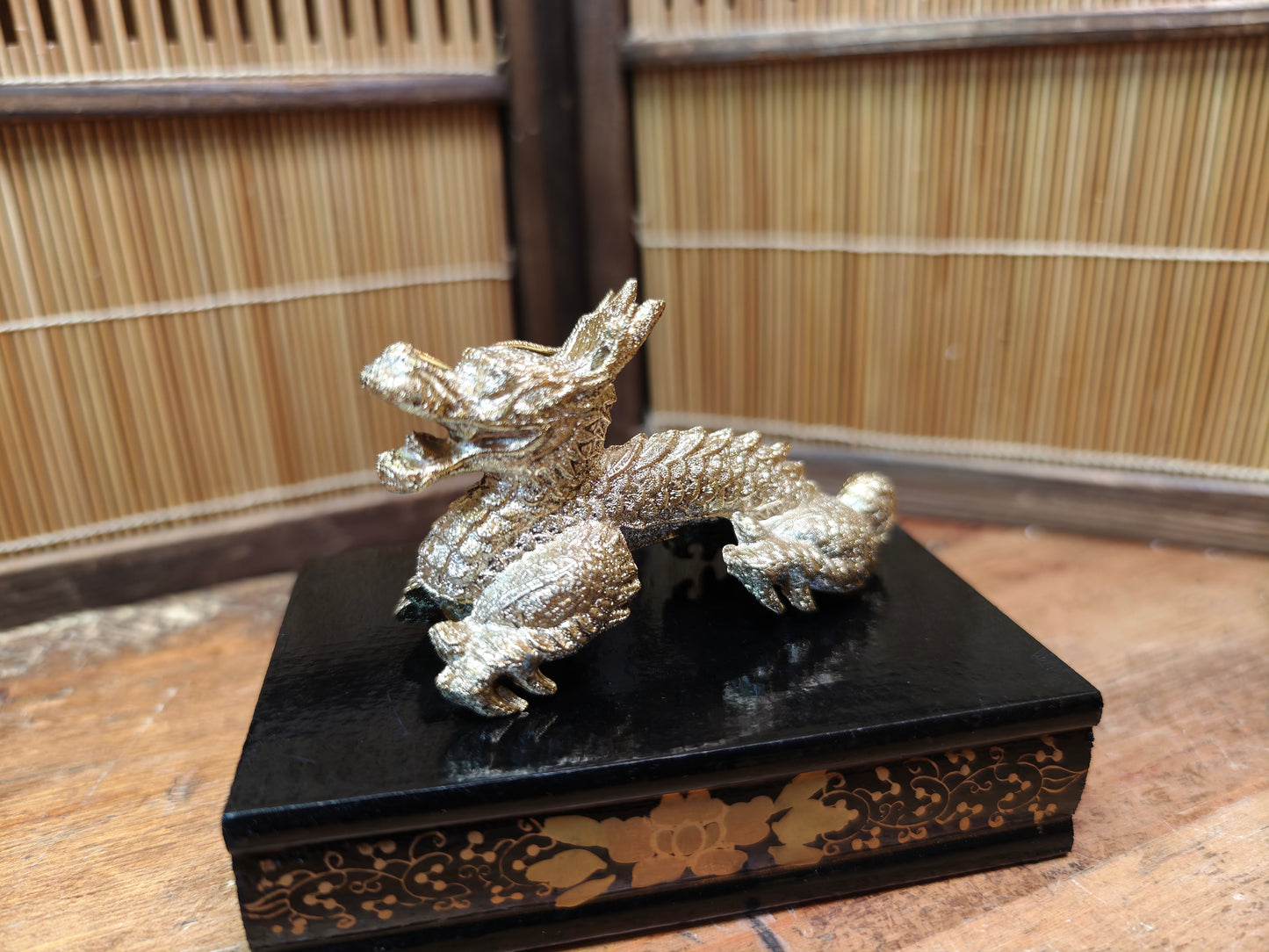 Vintage Japanese Brass Dragon Sculpture on Wooden Stand Antique Japan