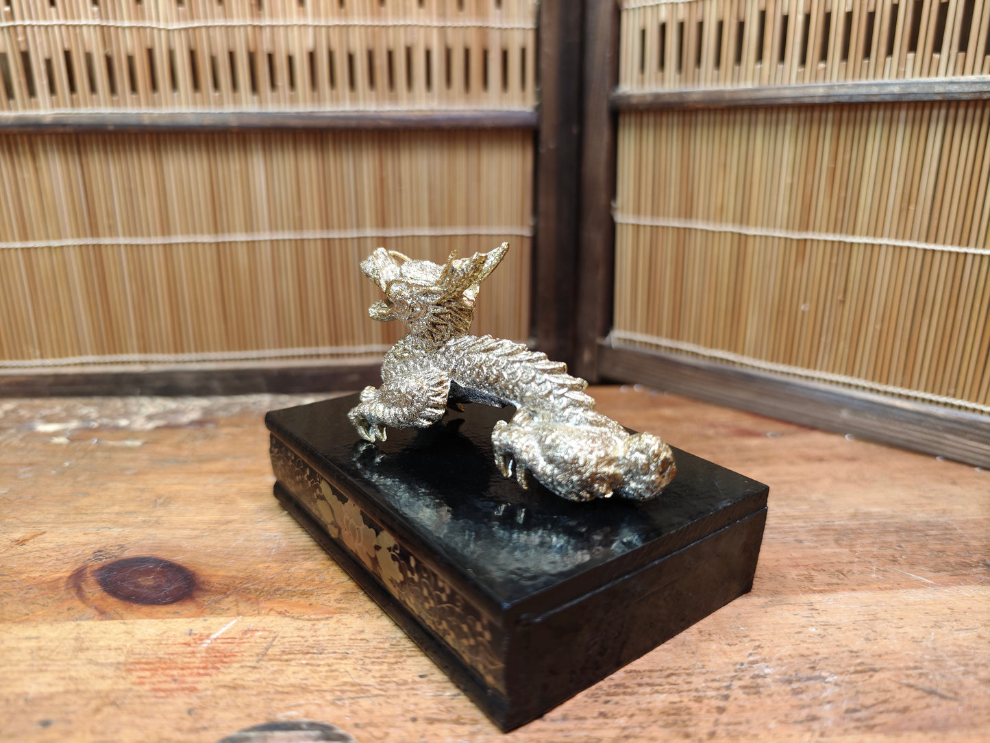 Vintage Japanese Brass Dragon Sculpture on Wooden Stand Antique Japan