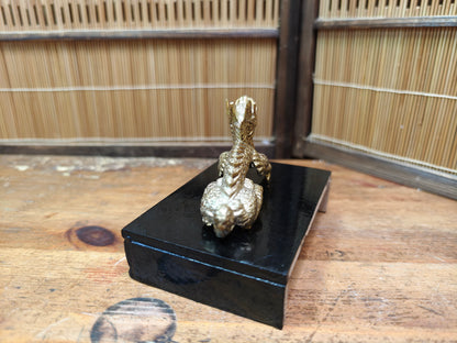 Vintage Japanese Brass Dragon Sculpture on Wooden Stand Antique Japan