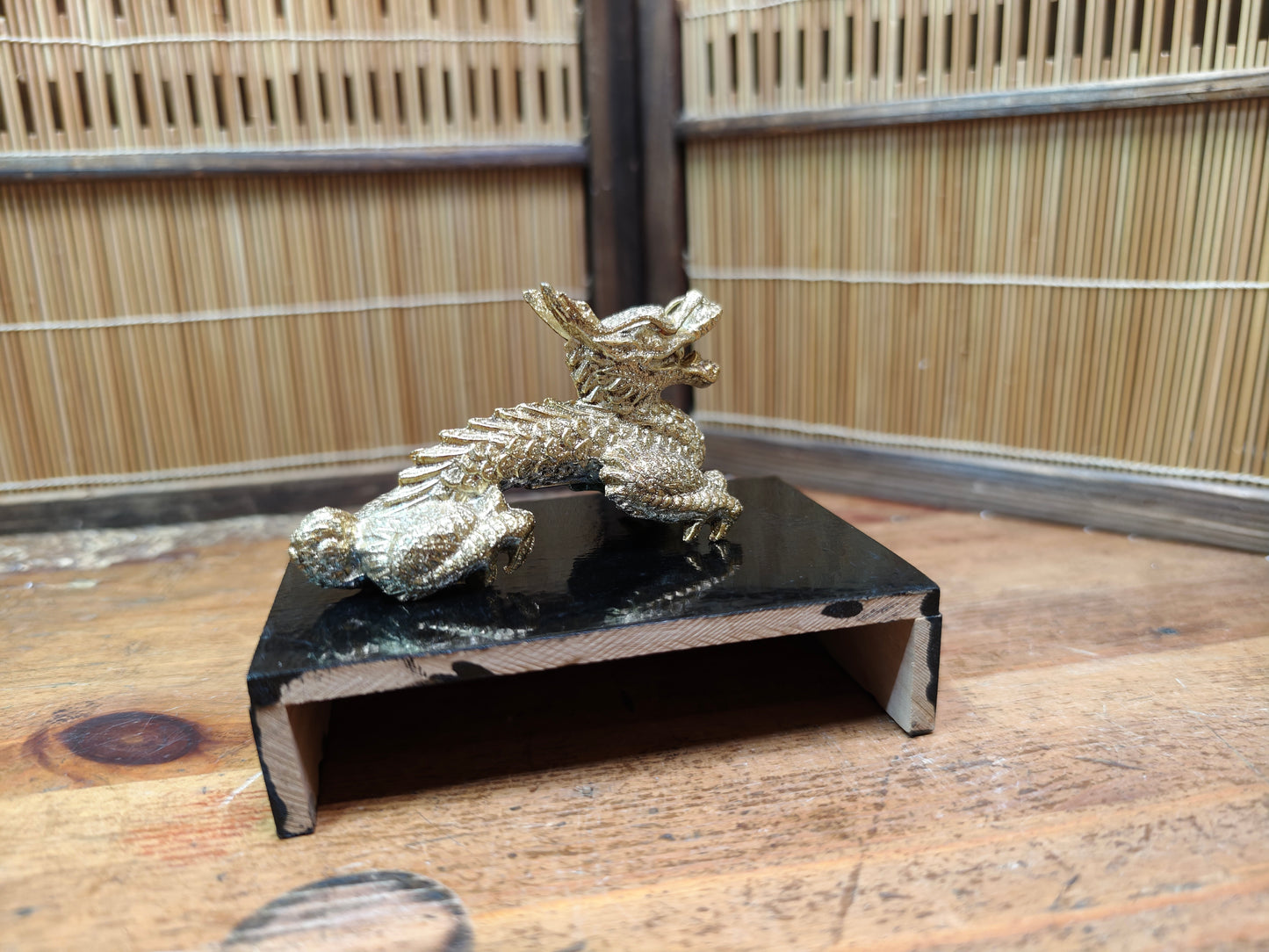 Vintage Japanese Brass Dragon Sculpture on Wooden Stand Antique Japan