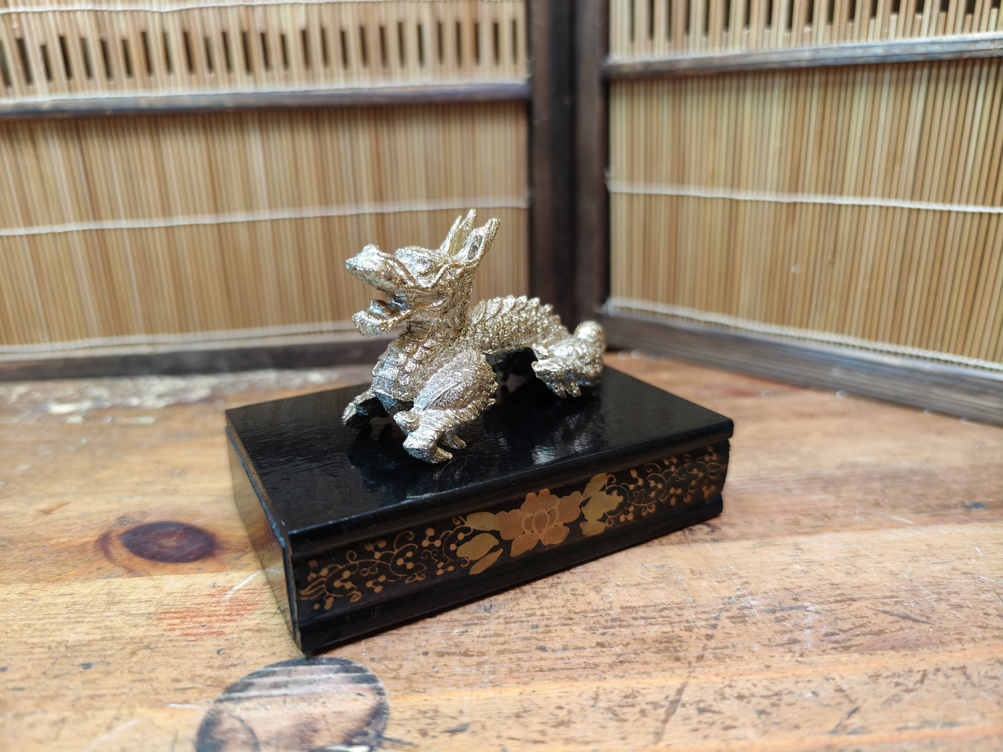 Vintage Japanese Brass Dragon Sculpture on Wooden Stand Antique Japan