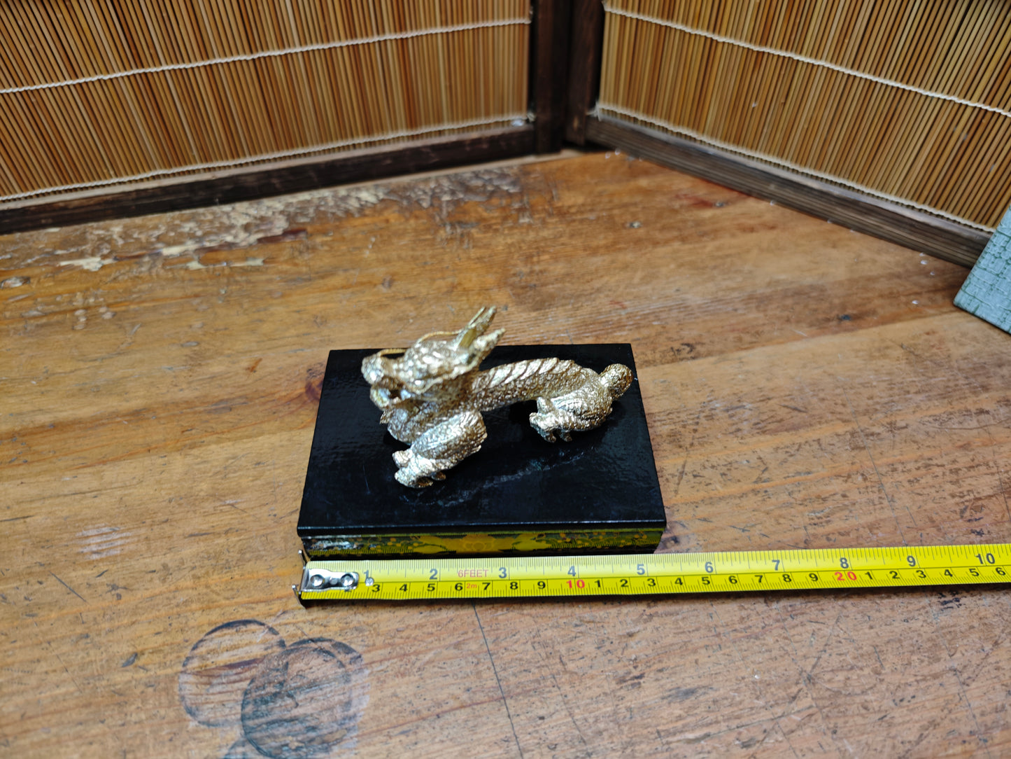 Vintage Japanese Brass Dragon Sculpture on Wooden Stand Antique Japan