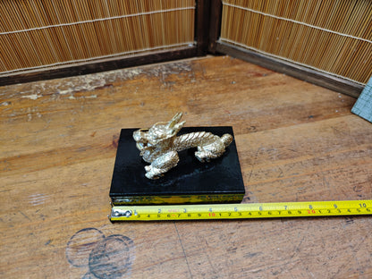 Vintage Japanese Brass Dragon Sculpture on Wooden Stand Antique Japan