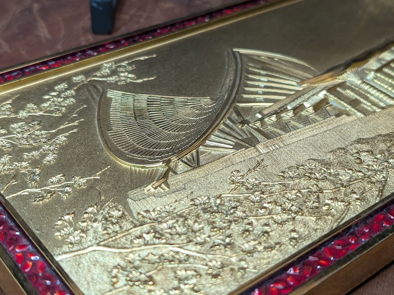 Authentic 1980s Japanese Brass Wall Sign Mt Fuji Crane Bonsai Art Decor