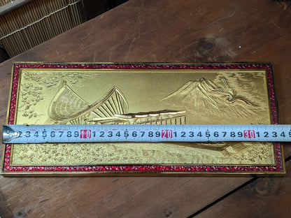 Authentic 1980s Japanese Brass Wall Sign Mt Fuji Crane Bonsai Art Decor