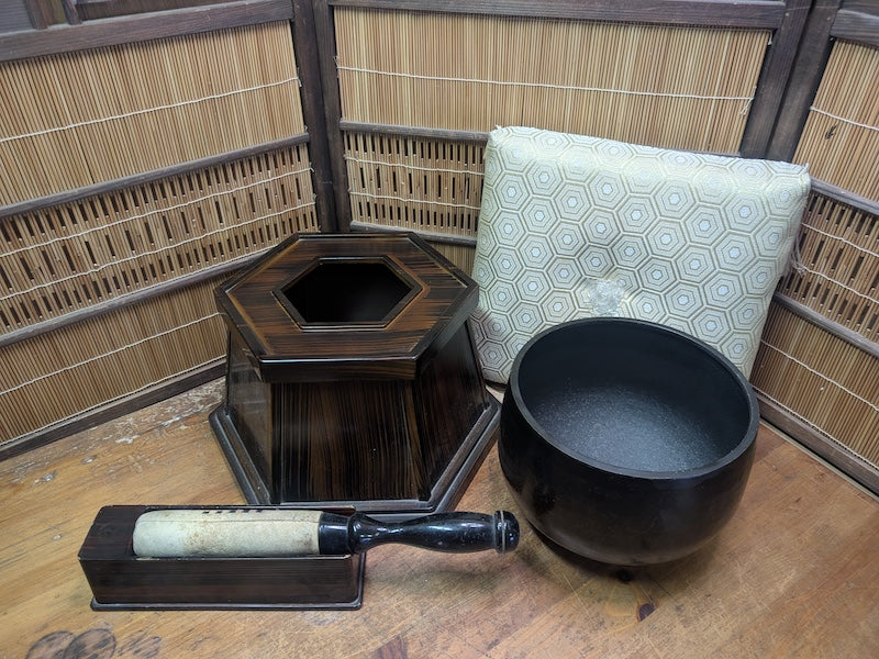 Rare Japanese Buddhist Rin Bell Set Bronze Meditation Gong with Stand
