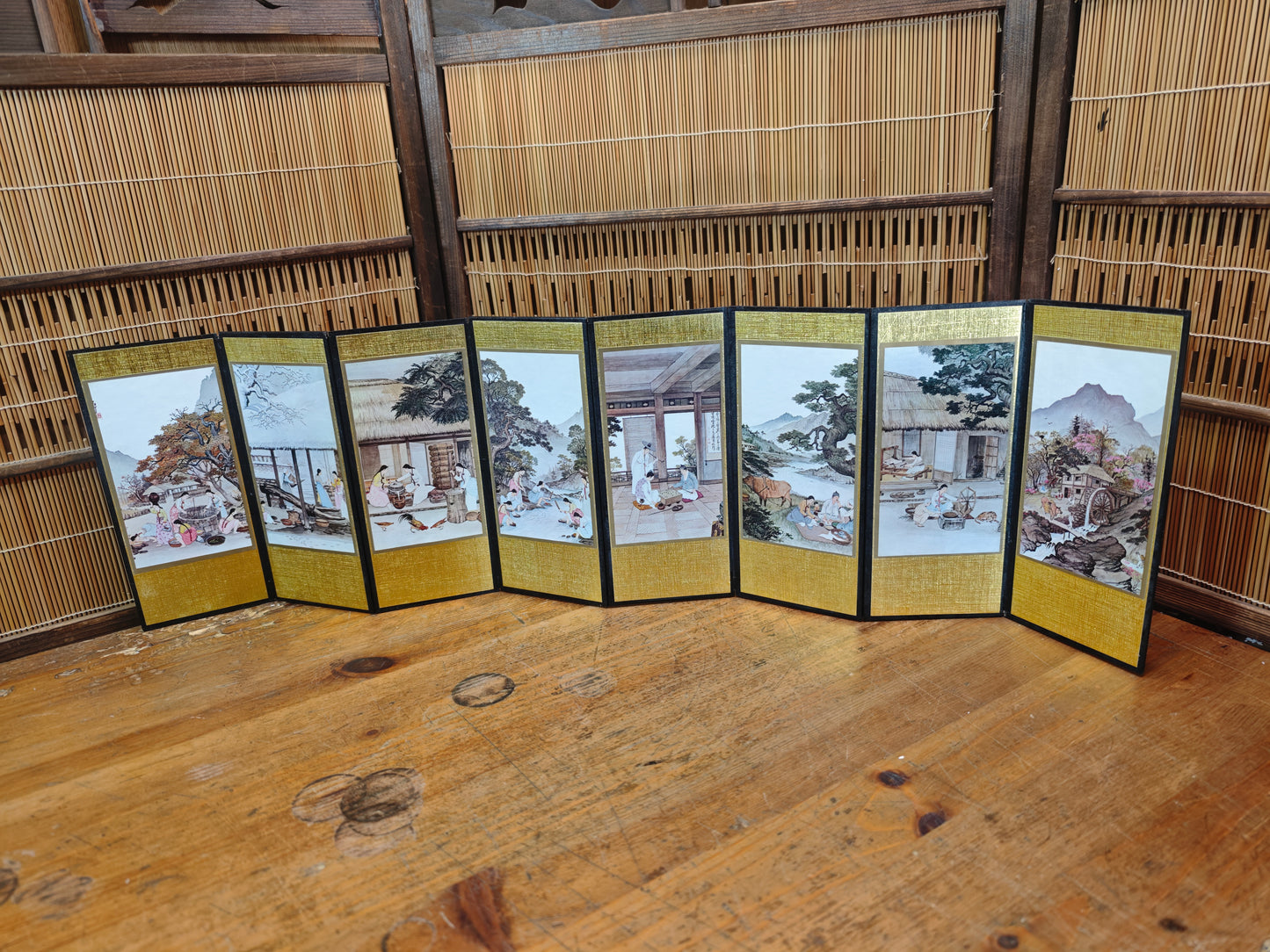Vintage Japanese Byobu 8 Panel Folding Screen Hand Painted Gold Rare Art