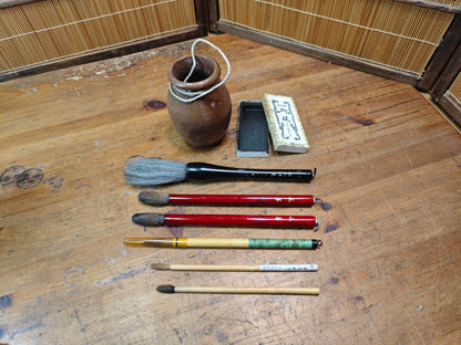 Japanese Calligraphy Set Sumi-e Brushes, Kuretake Inkstone & Takotsubo