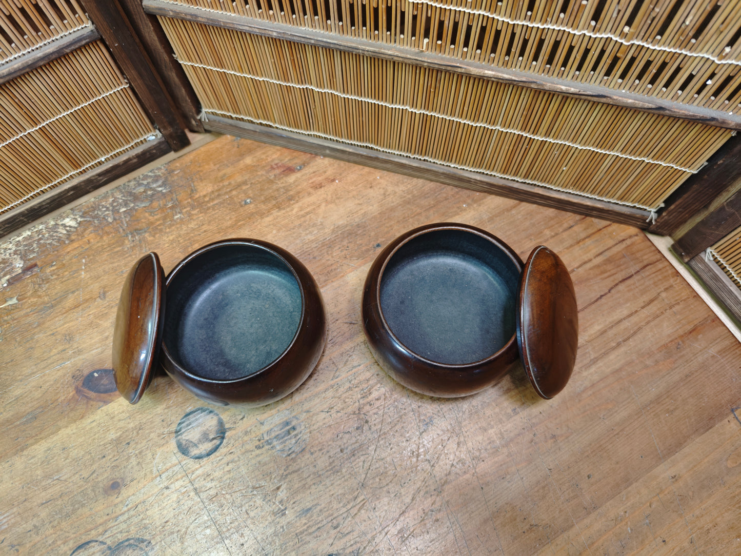 Vintage Japanese Go Bowls Bamboo Wood 1950s Empty Goke Set No Stones