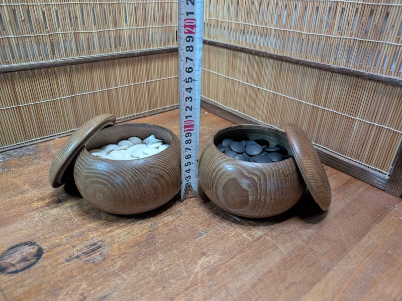 Vintage Japanese Go Game Set Shell & Slate Stones in Wooden Bowls