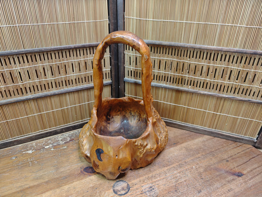 Vintage Japanese Carved Wood Basket Root Burl Handle kitchen Decor