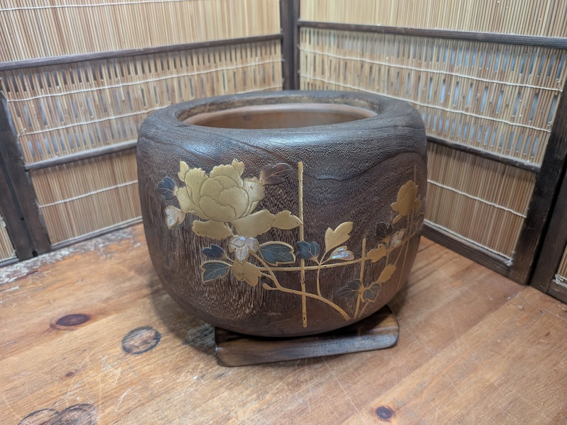 Vintage Japanese Hibachi Brazier Makie Lacquered Wood Tea Ceremony