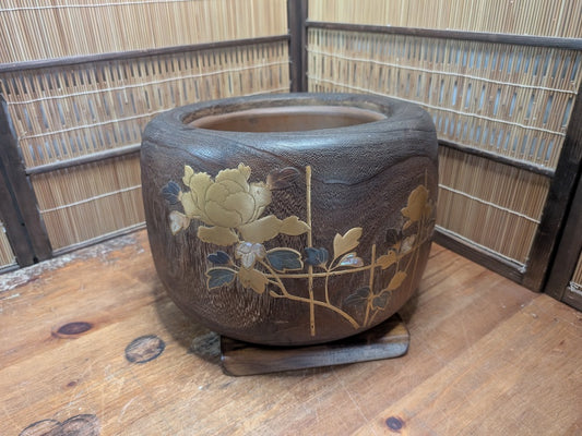 Vintage Japanese Hibachi Brazier Makie Lacquered Wood Tea Ceremony