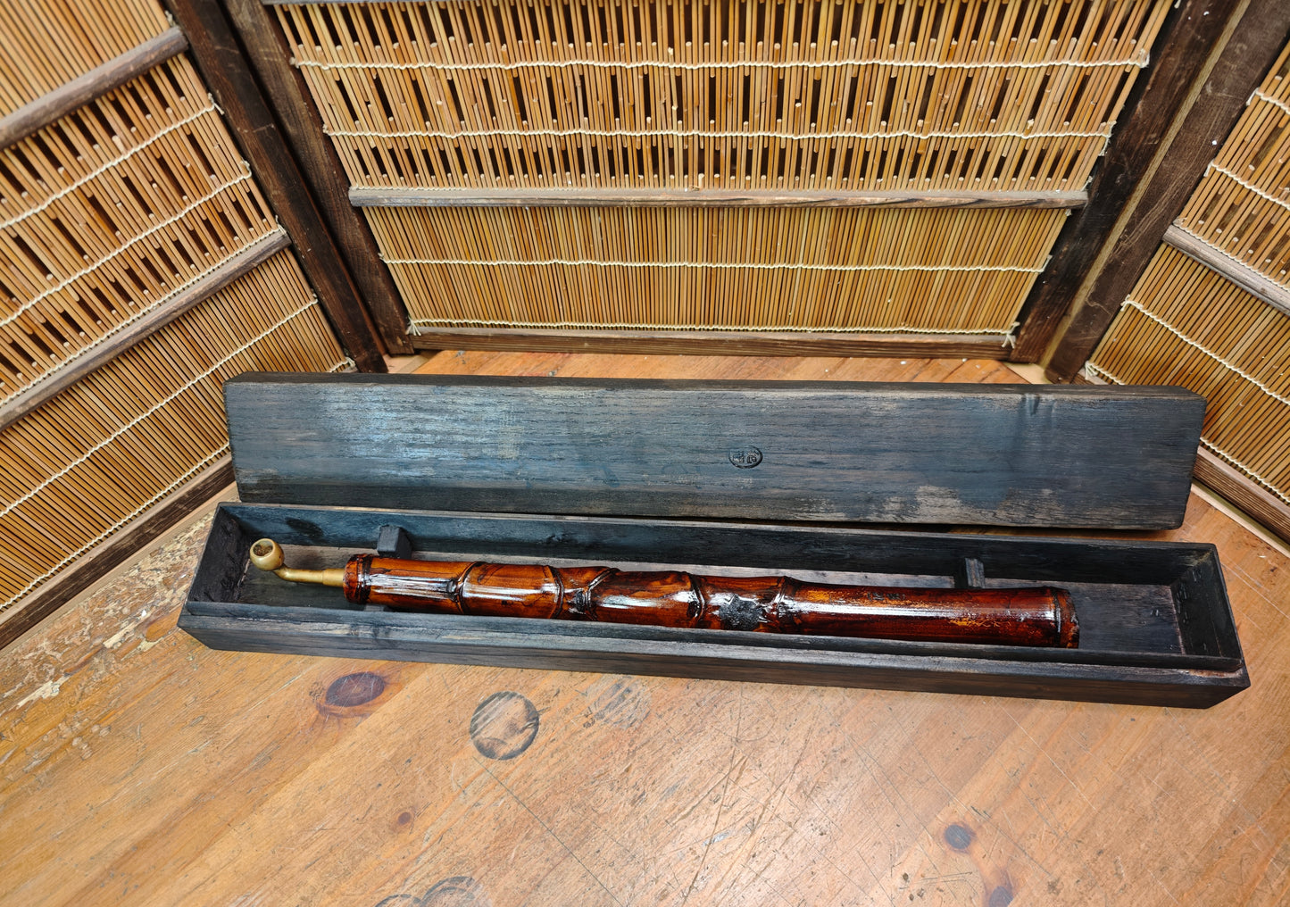 Authentic 1960s Japanese Kiseru Pipe Brass Bamboo w Signed Case Box