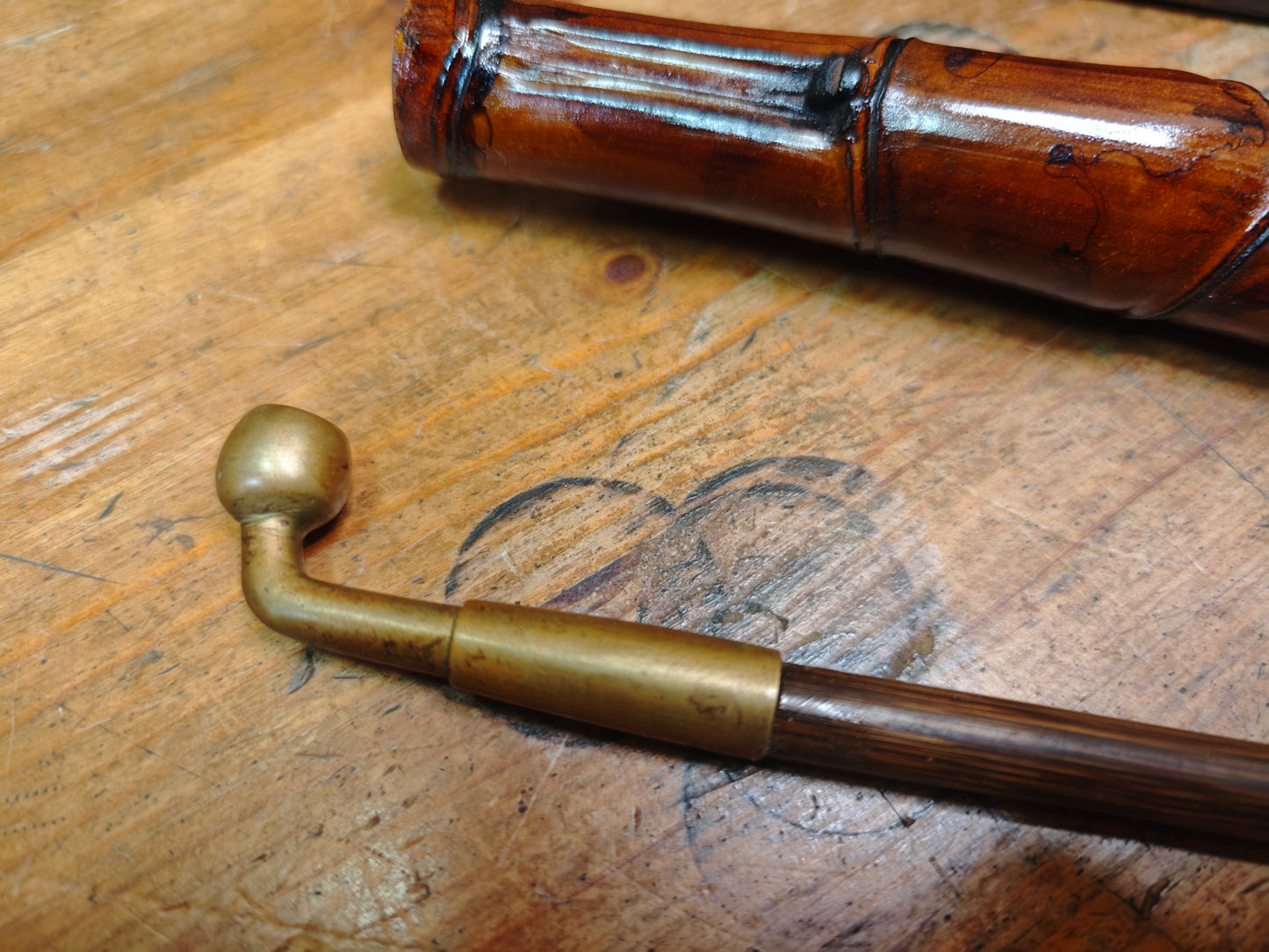 Authentic 1960s Japanese Kiseru Pipe Brass Bamboo w Signed Case Box