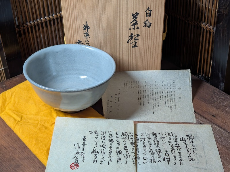 Japanese Vintage Light Blue Matcha Tea Bowl W/Box Docs Art Pottery