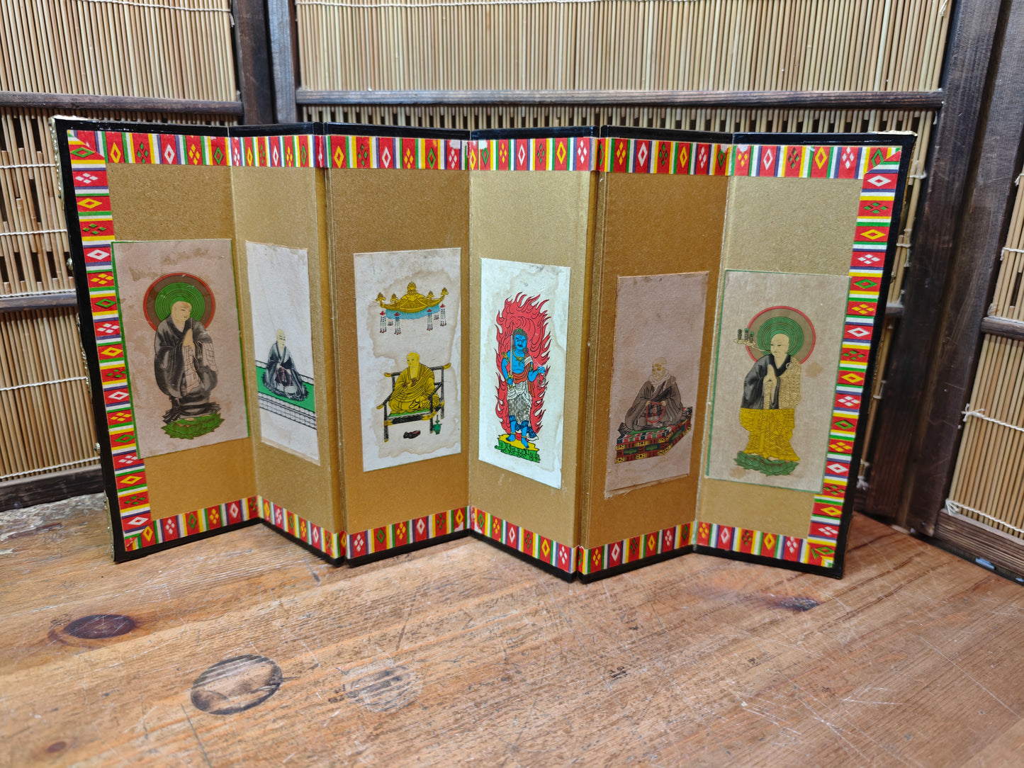 Vintage Japanese Mini Byobu Screen 1970s Buddhist Art Folding Gold Rare