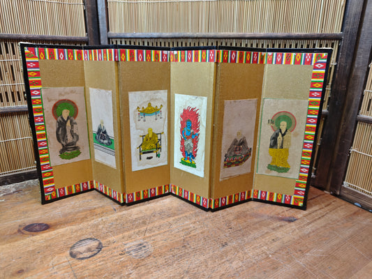 Vintage Japanese Mini Byobu Screen 1970s Buddhist Art Folding Gold Rare