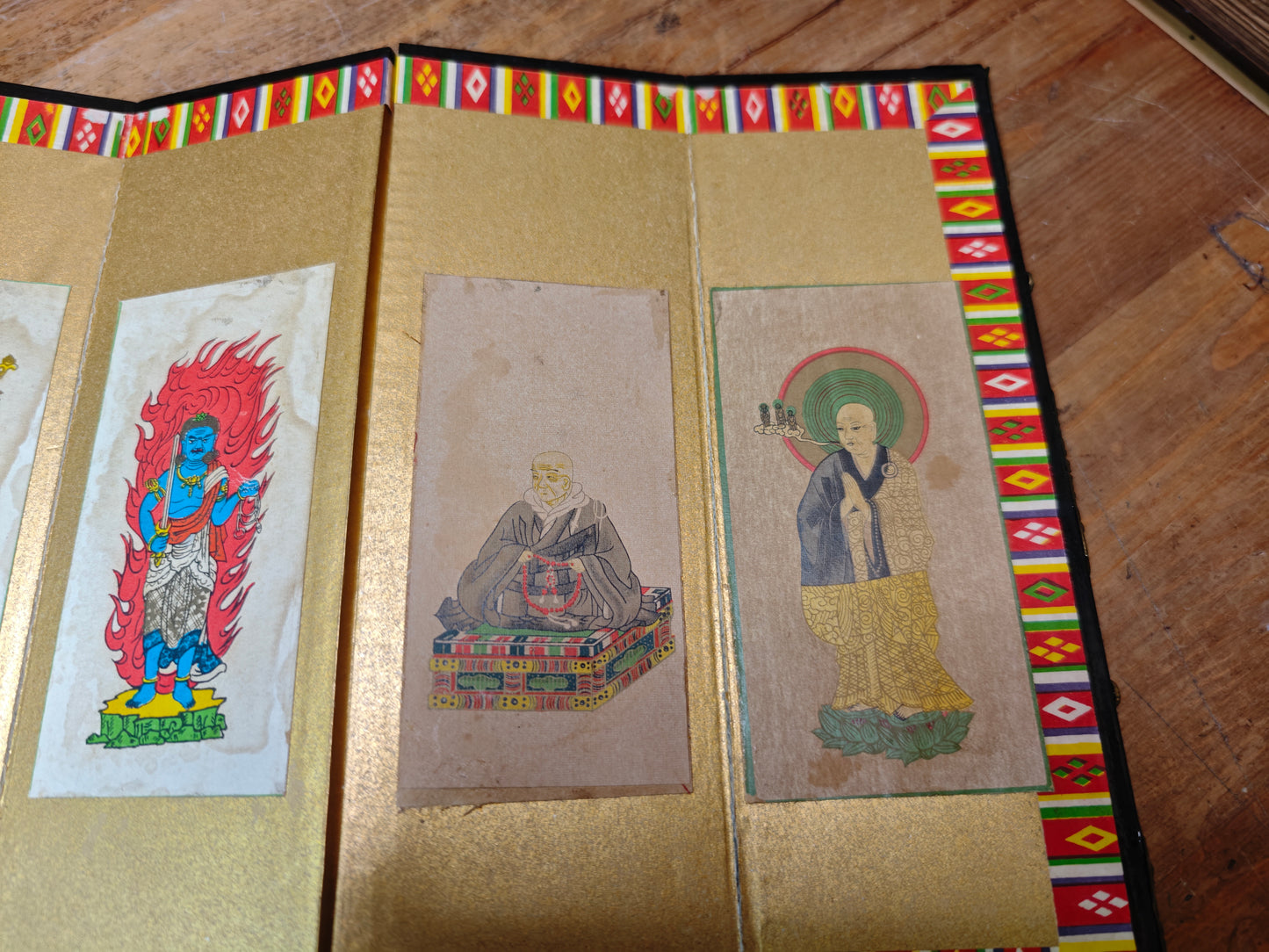 Vintage Japanese Mini Byobu Screen 1970s Buddhist Art Folding Gold Rare
