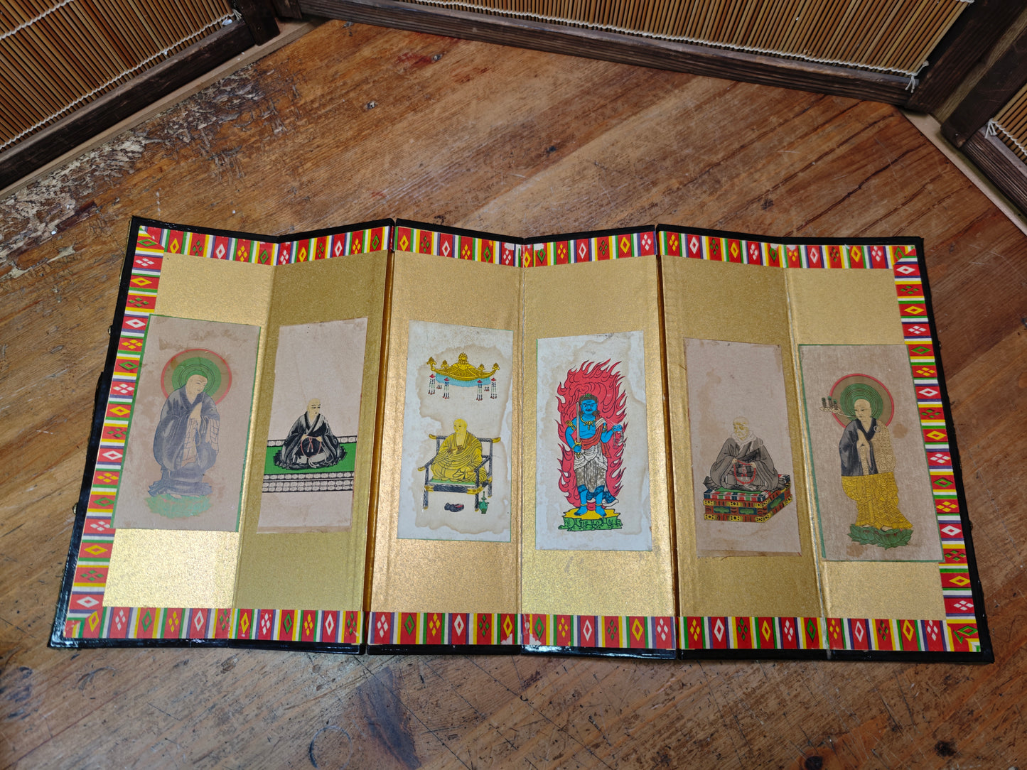 Vintage Japanese Mini Byobu Screen 1970s Buddhist Art Folding Gold Rare