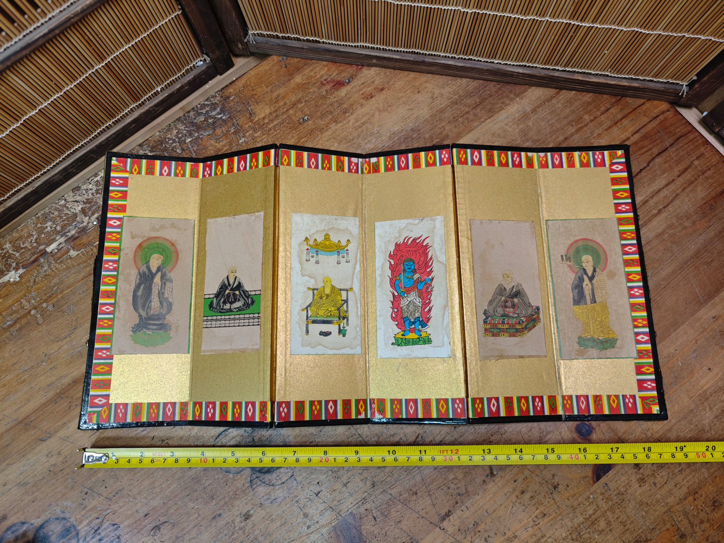 Vintage Japanese Mini Byobu Screen 1970s Buddhist Art Folding Gold Rare