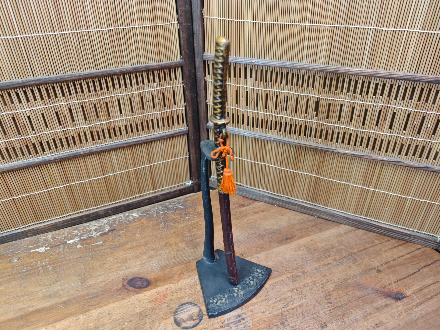 Japanese Hand Forged Steel Mini Bokuto Katana Sculpture with Stand Rare