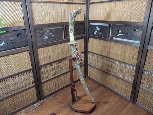 Vintage Japanese Miniature Katana Sword Dragon Decor w/Stand Japan