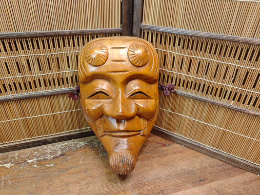 Vintage Japanese Okina Noh Mask Light Wood Traditional Wall Decor Japan