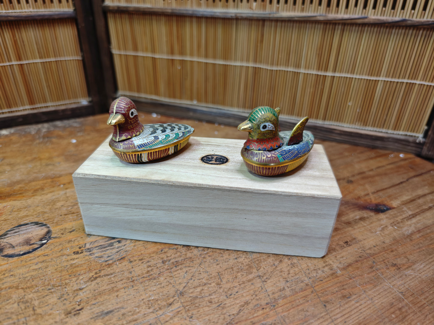 Vintage Japanese Shippo Enamel Brass Duck Incense Container Set w/Box