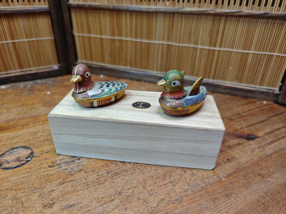 Vintage Japanese Shippo Enamel Brass Duck Incense Container Set w/Box