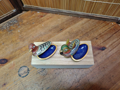 Vintage Japanese Shippo Enamel Brass Duck Incense Container Set w/Box
