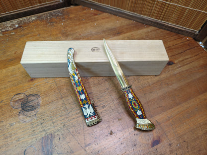 Vintage Japanese Shippo Enamel Brass Letter Opener Paper Knife w/Box