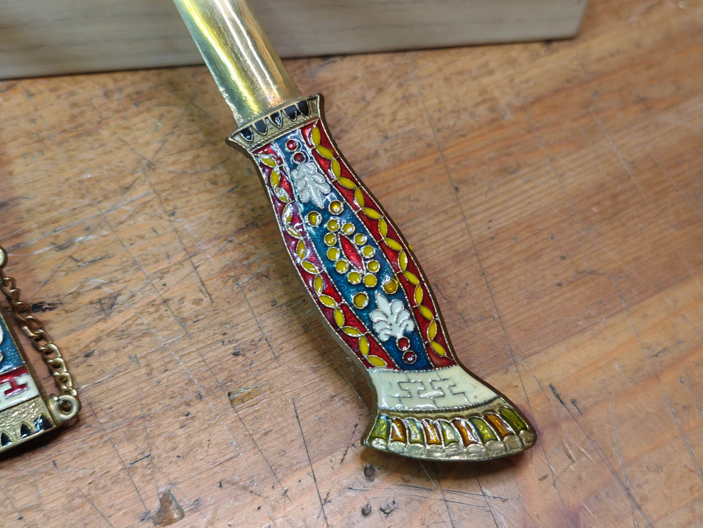 Vintage Japanese Shippo Enamel Brass Letter Opener Paper Knife w/Box