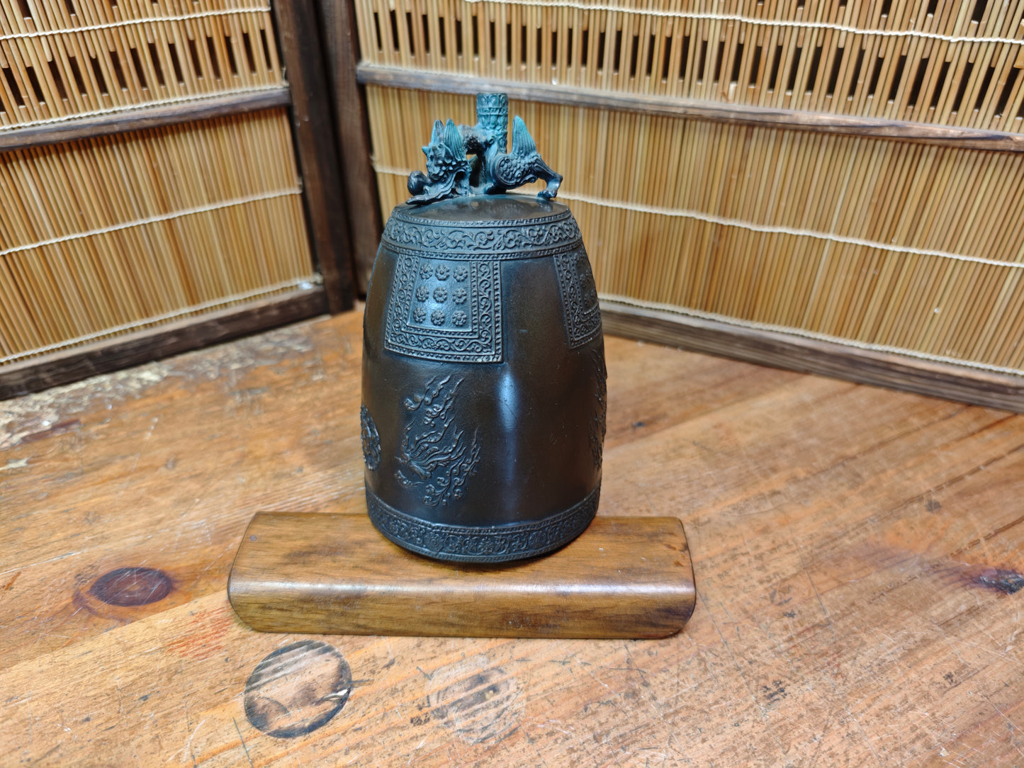 Vintage Japanese Temple Bell Bonshō Dragon Handle Patina Bronze