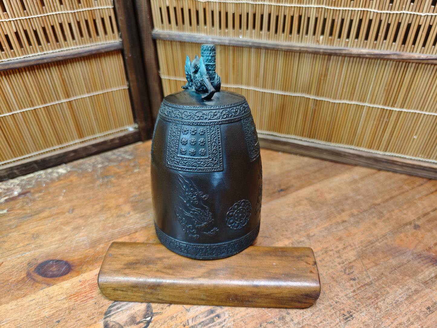 Vintage Japanese Temple Bell Bonshō Dragon Handle Patina Bronze