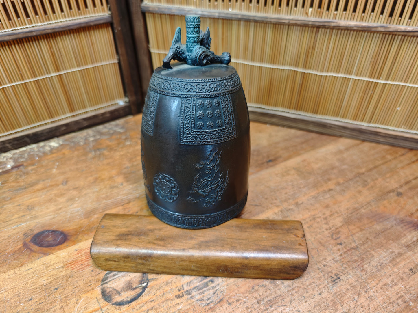 Vintage Japanese Temple Bell Bonshō Dragon Handle Patina Bronze